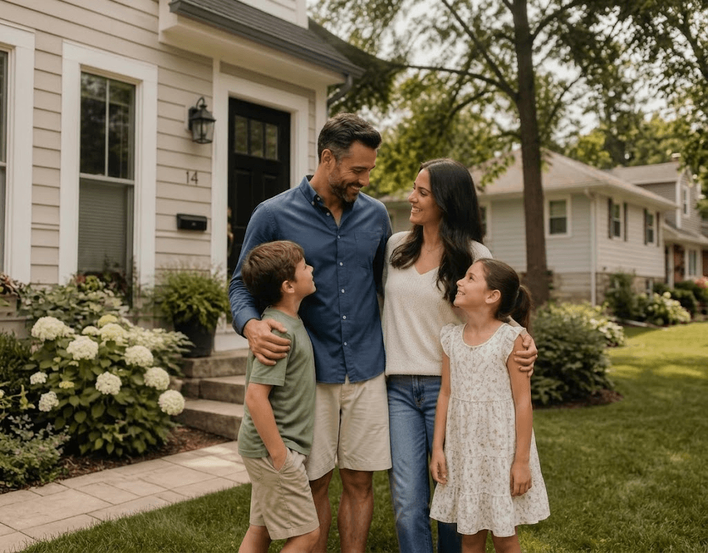 A family together outside their home