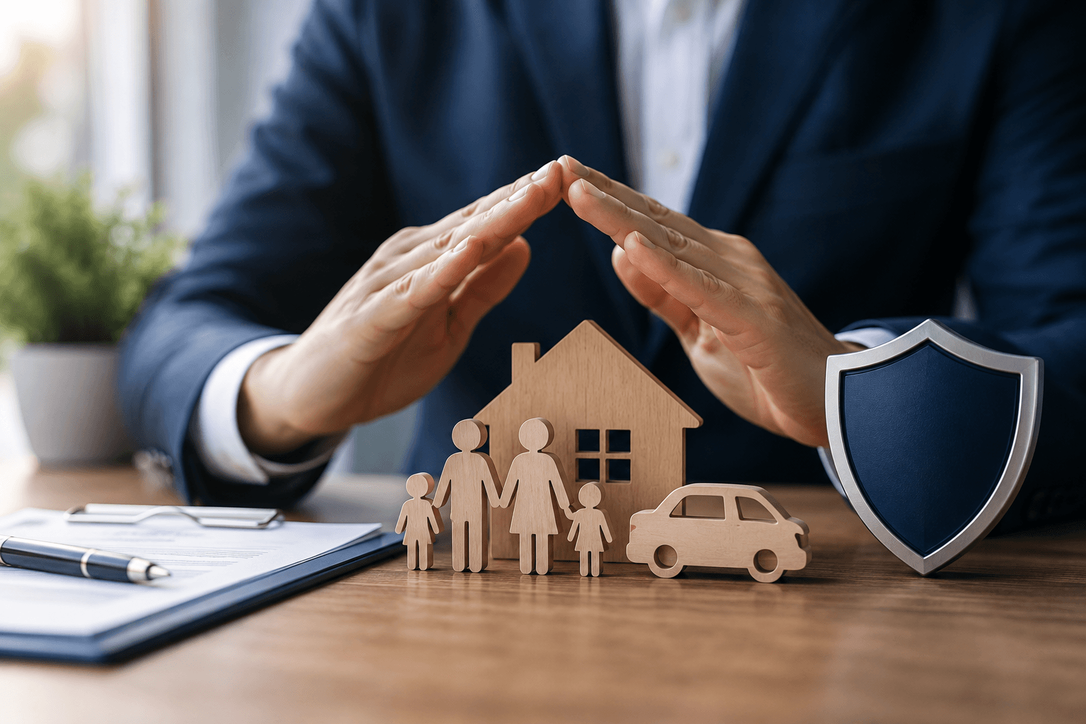 Hands sheltering a model house, car and family figures